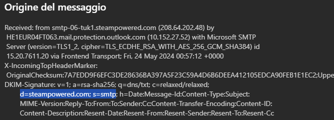 header di una mail inviata da steampowered.com