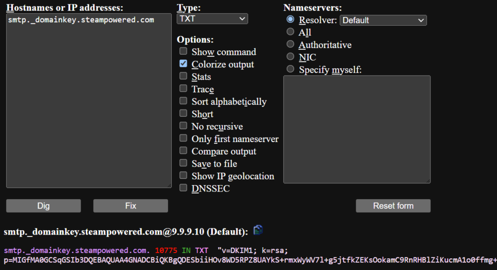comando linux dig, che mostra un certificato rsa del dominio smtp._domainkey.steampowered.com