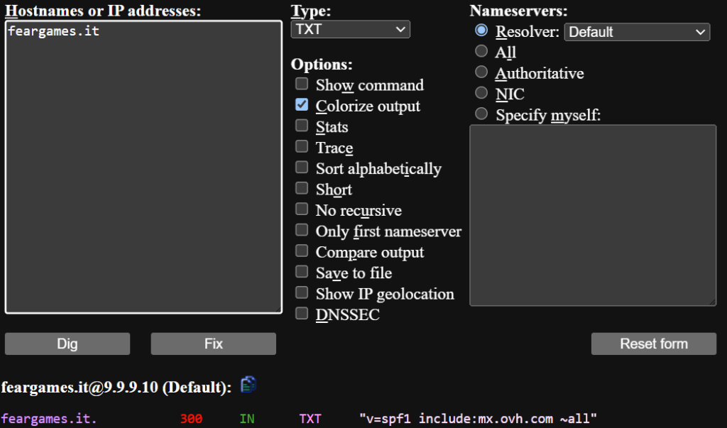 comando linux dig, che mostra il valore TXT del dominio feargames.it per la direttiva SPF