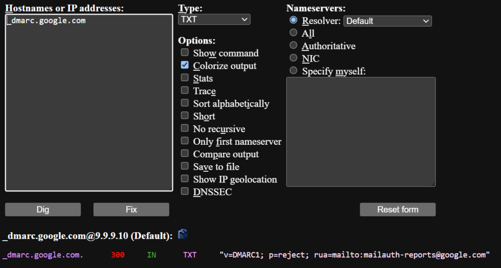 comando linux dig, che mostra il valore DMARC del dominio _dmarc.google.com